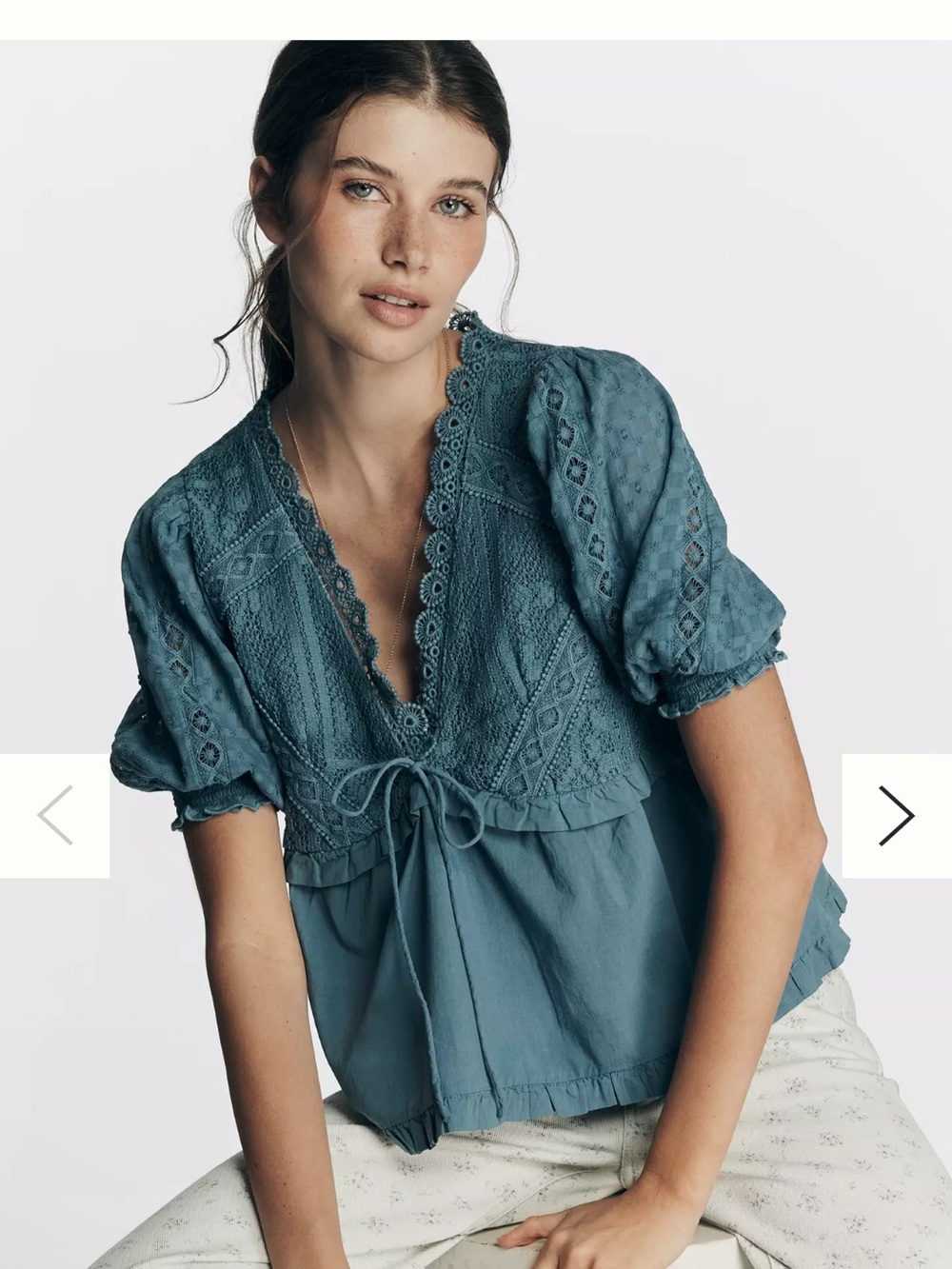 Anthropologie Teal Lace-Trim Peasant Top